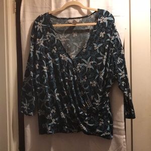 Sag Harbor faux wrap knit floral blouse 2X